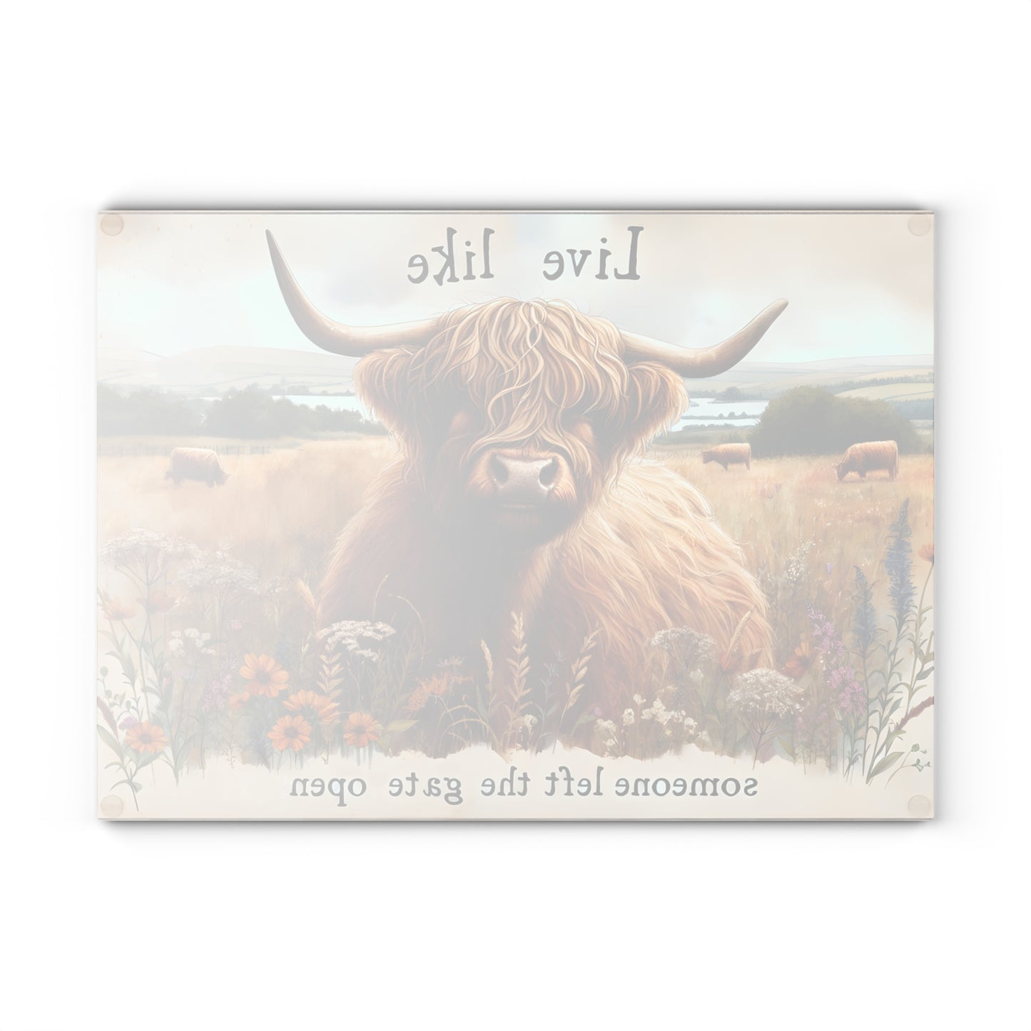 🐮 Highland Cow “Gate Open” Cutting Board – Rustic Charm with a Playful Twist