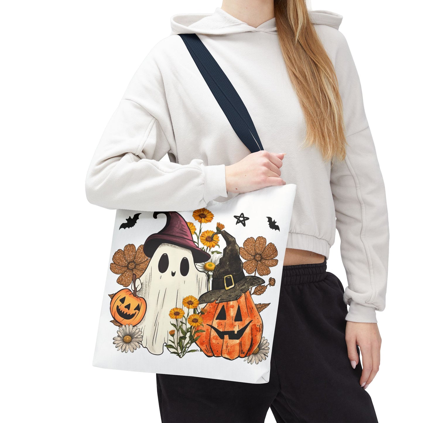 🎃 Ghost & Pumpkin Floral Tote Bag – Whimsical Halloween Charm 👻👜
