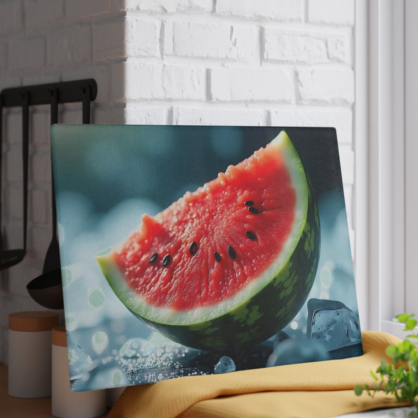 Tabla de cortar de vidrio con rodajas de sandía sobre hielo: una refrescante decoración de cocina de verano, un vibrante regalo con temática frutal.