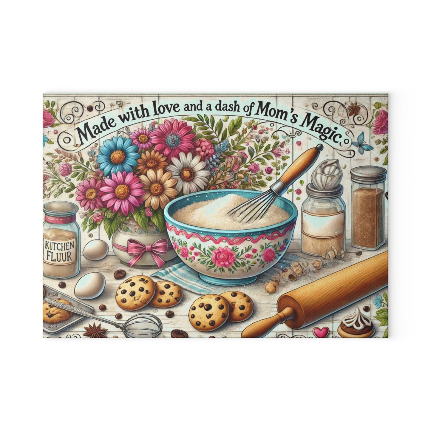 Tabla de cortar de vidrio “Hecha con amor y un toque de la magia de mamá”: decoración de cocina inspirada en la repostería saludable 🧁✨