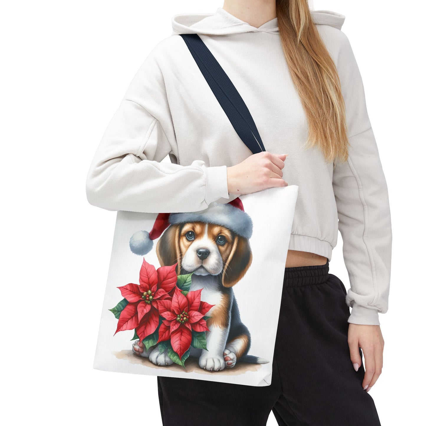 🐶 Beagle Puppy & Poinsettia Christmas Tote Bag – Sweet Holiday Charm in Every Step 🎄