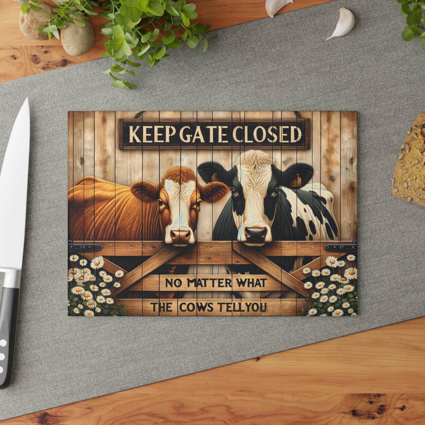 🐮 Keep Gate Closed Cow Cutting Board – Funny Farmhouse Charm for Your Kitchen