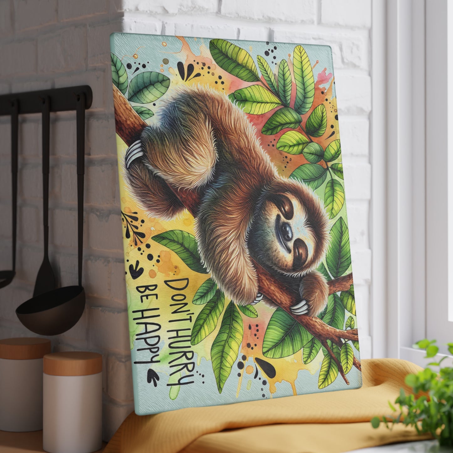 Sloth “Don’t Hurry Be Happy” Cutting Board – Whimsical Jungle Charm for Your Kitchen