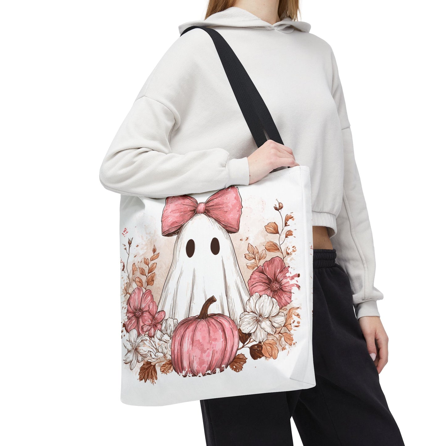 ๐ป Pink Bow Ghost Floral Halloween Tote Bag โ Spooky Cute with Fall Charm ๐๐