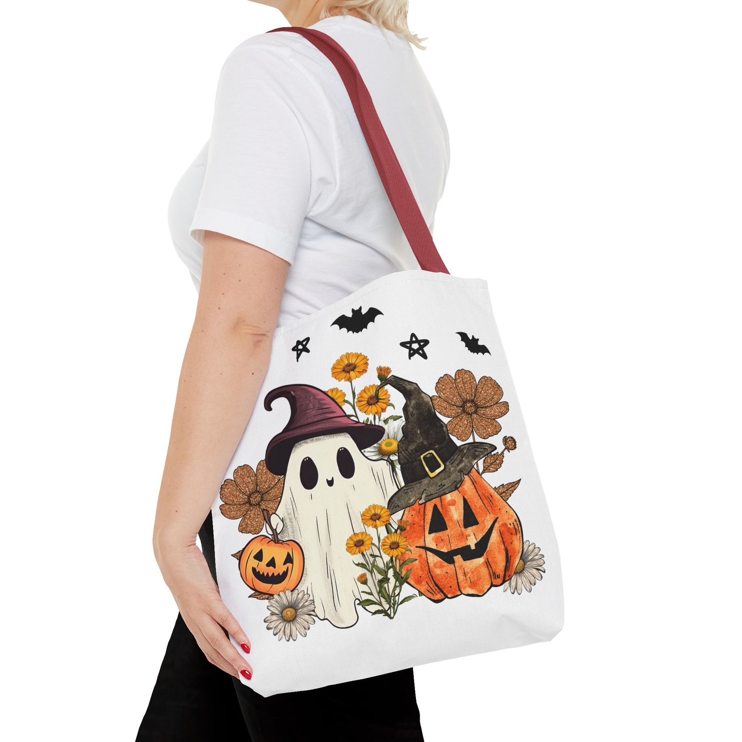🎃 Ghost & Pumpkin Floral Tote Bag – Whimsical Halloween Charm 👻👜