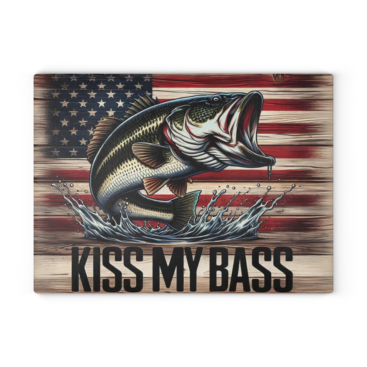 🎣Kiss My Bass Cutting Board – Patriotic Fishing Fun with Rustic American Flag 🪝🍺
