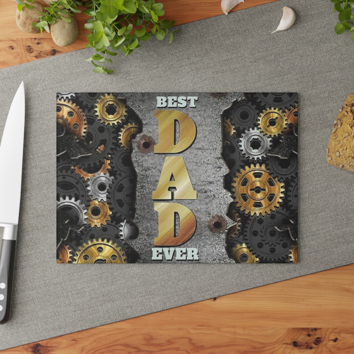 🍽️ BEST DAD EVER Glass Cutting Board – Industrial Gear Design