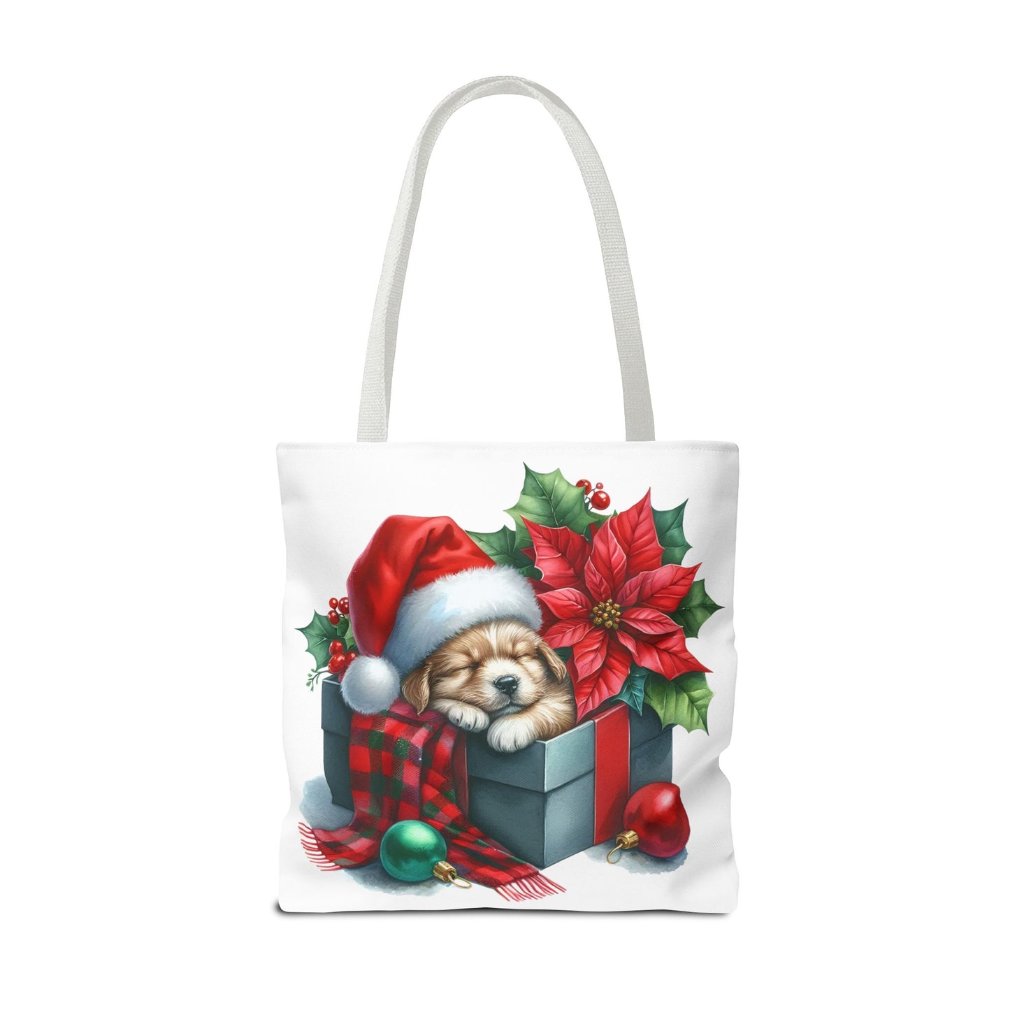 🎁 Sleeping Puppy in Gift Box Christmas Tote – Cozy Holiday Charm for Dog Lovers 🐾