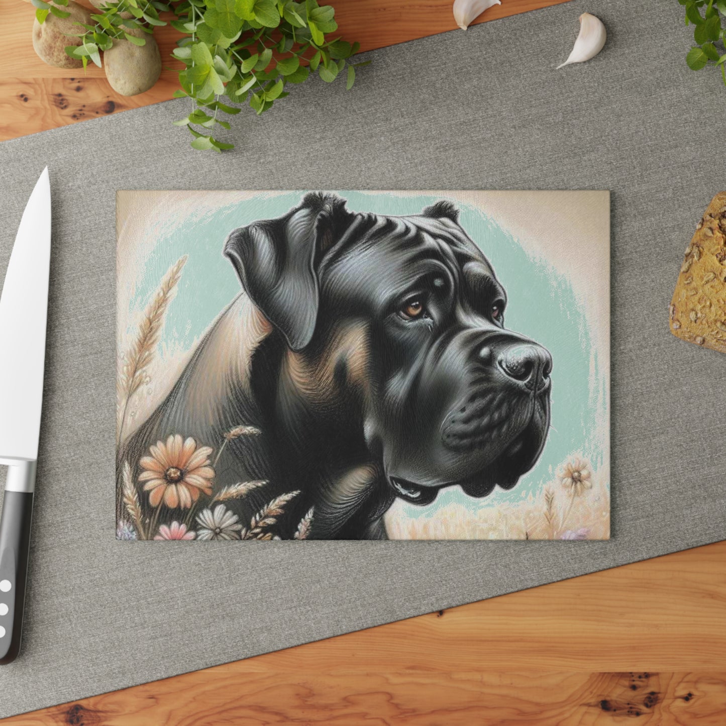 🖤 Cane Corso Cutting Board – Majestic Strength Meets Floral Elegance 🌾