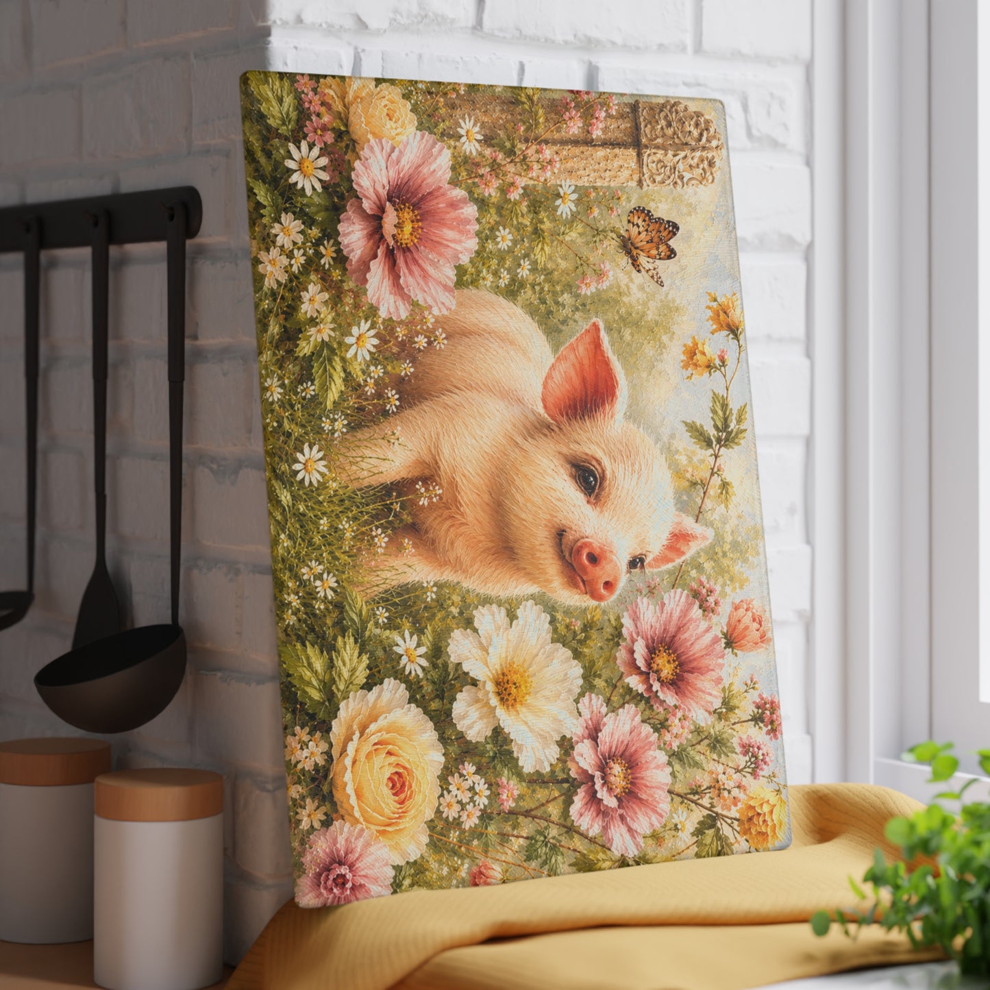 Floral Piglet Tempered Glass Cutting Board