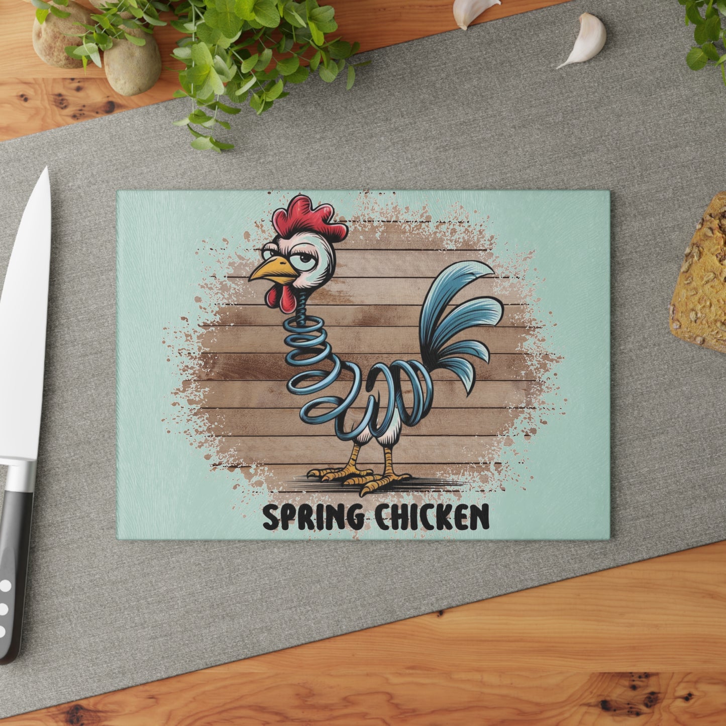 🐔🌀 SPRING CHICKEN – Grumpy Humor Glass Cutting Board with Country Charm 🌻🥄