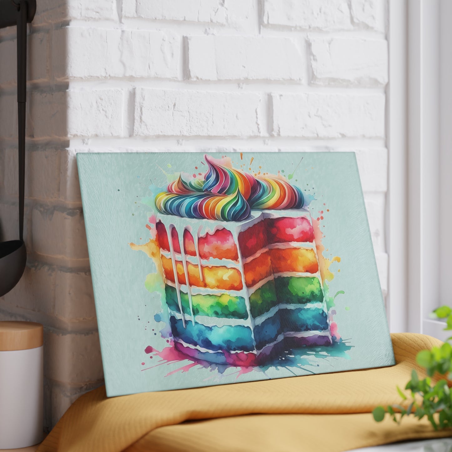 Tabla de cortar de vidrio templado con diseño de pastel arcoíris
