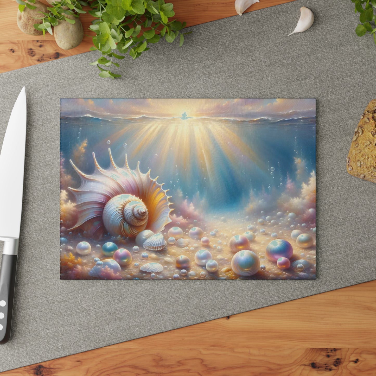 Seashell & Pearls Ocean Glow Glass Cutting Board – Coastal Kitchen Art