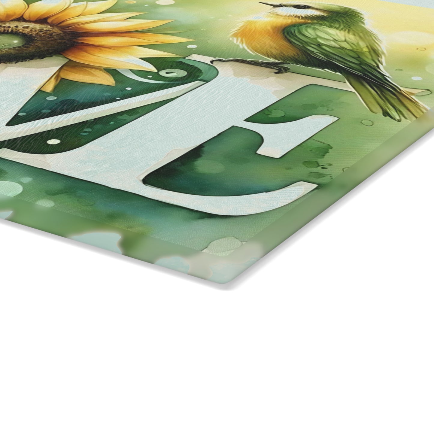 Tabla de cortar, diseño de amor con pájaros y girasoles, decoración de cocina, bandeja de vidrio para servir, regalo de inauguración de la casa, utensilio de cocina