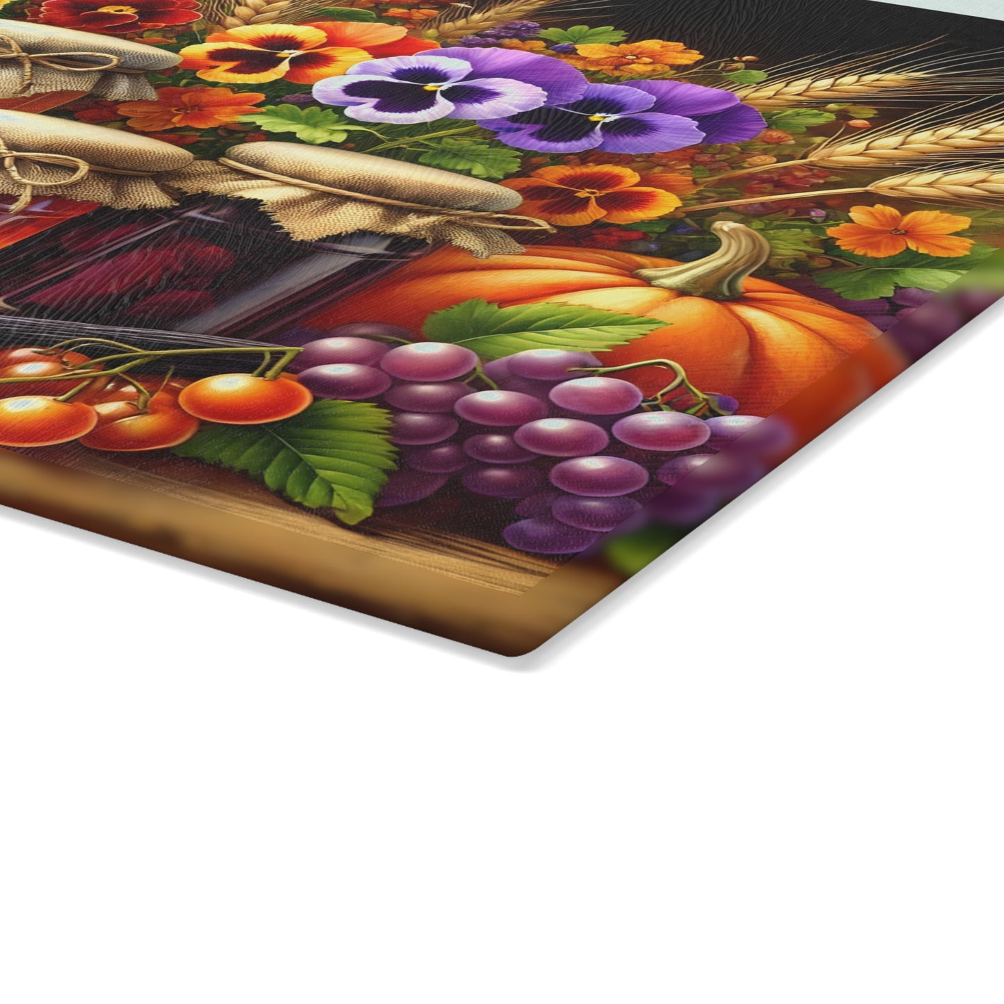 Tabla de cortar para la despensa de la cosecha otoñal: encanto rústico con delicias florales y frutales