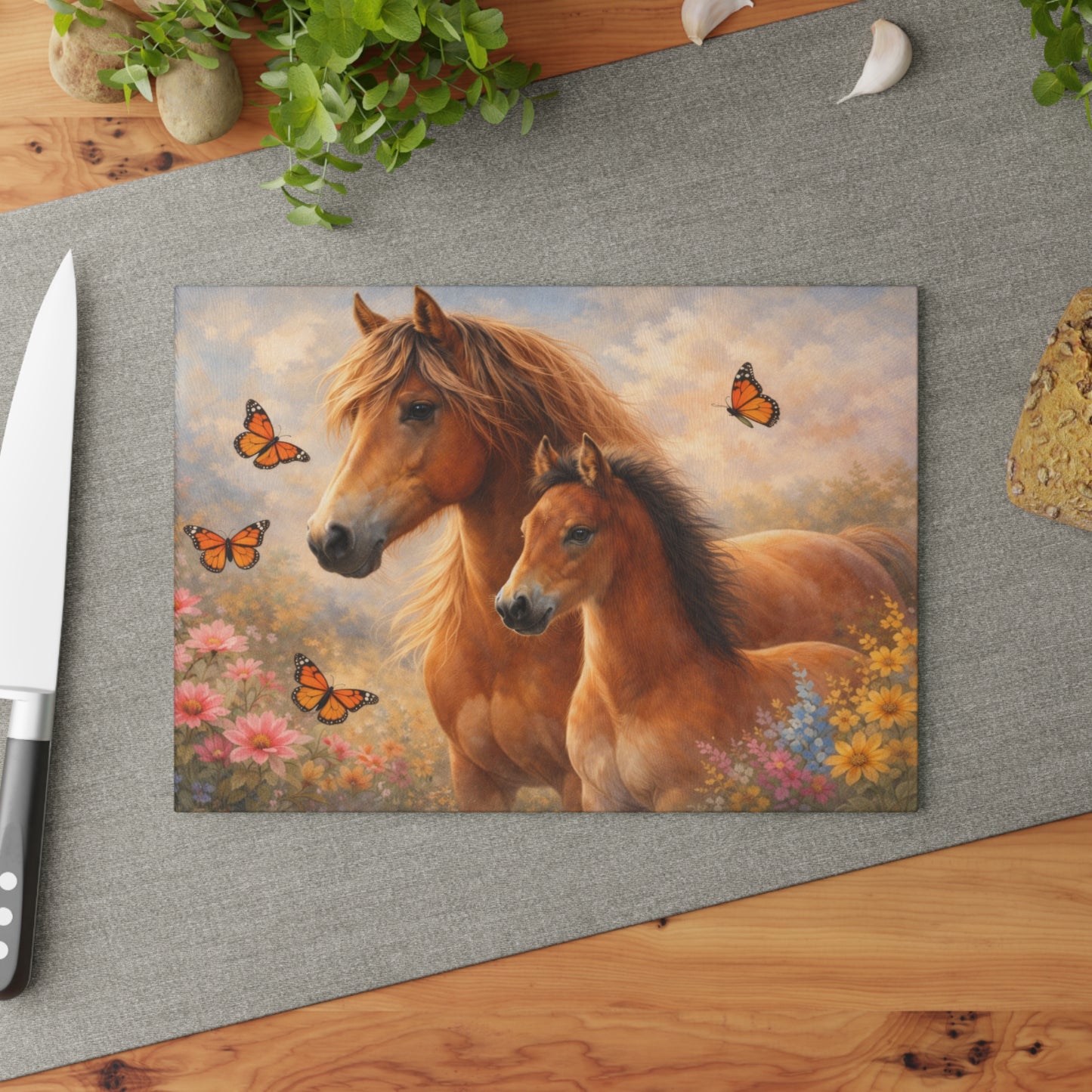 Mother and Foal Floral Glass Cutting Board – Rustic Country Kitchen Decor