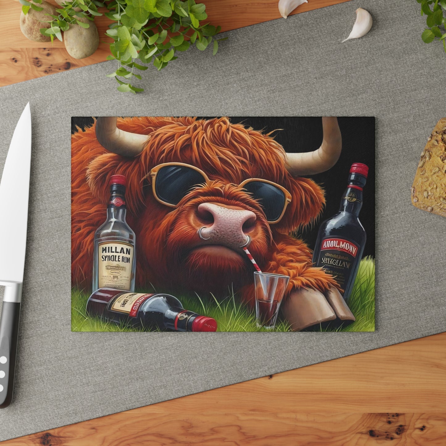 Tabla de cortar de vaca, tabla de cortar de vidrio templado, tabla de charcutería, tabla de cortar, regalo de inauguración de la casa, tabla de cortar personalizada, regalo de whisky