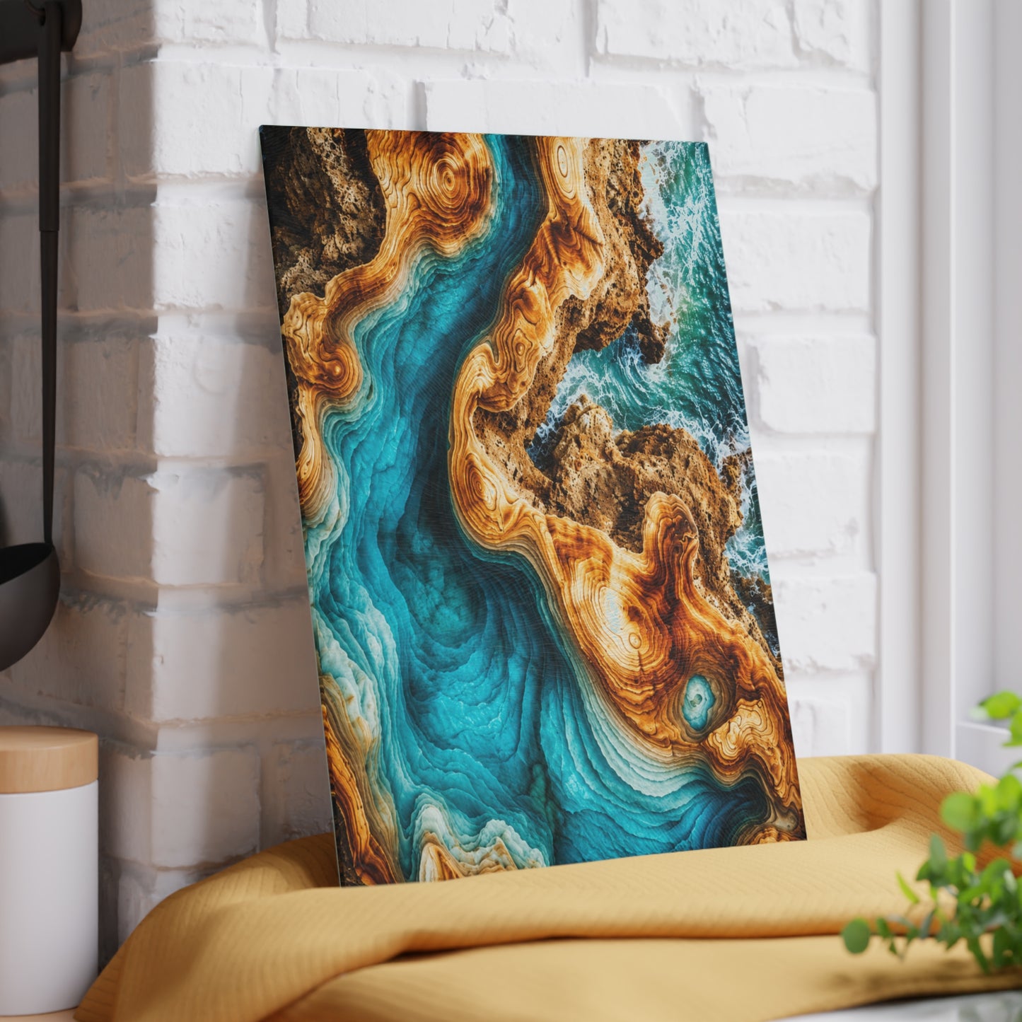 Coastal Ocean Resin-Style Abstract Glass Cutting Board – Turquoise Shoreline Artwork