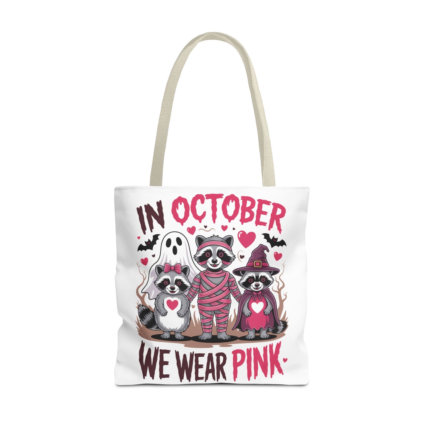 🎀 In October We Wear Pink Raccoon Halloween Tote Bag – Spooky Cute Awareness Style 🦝👜