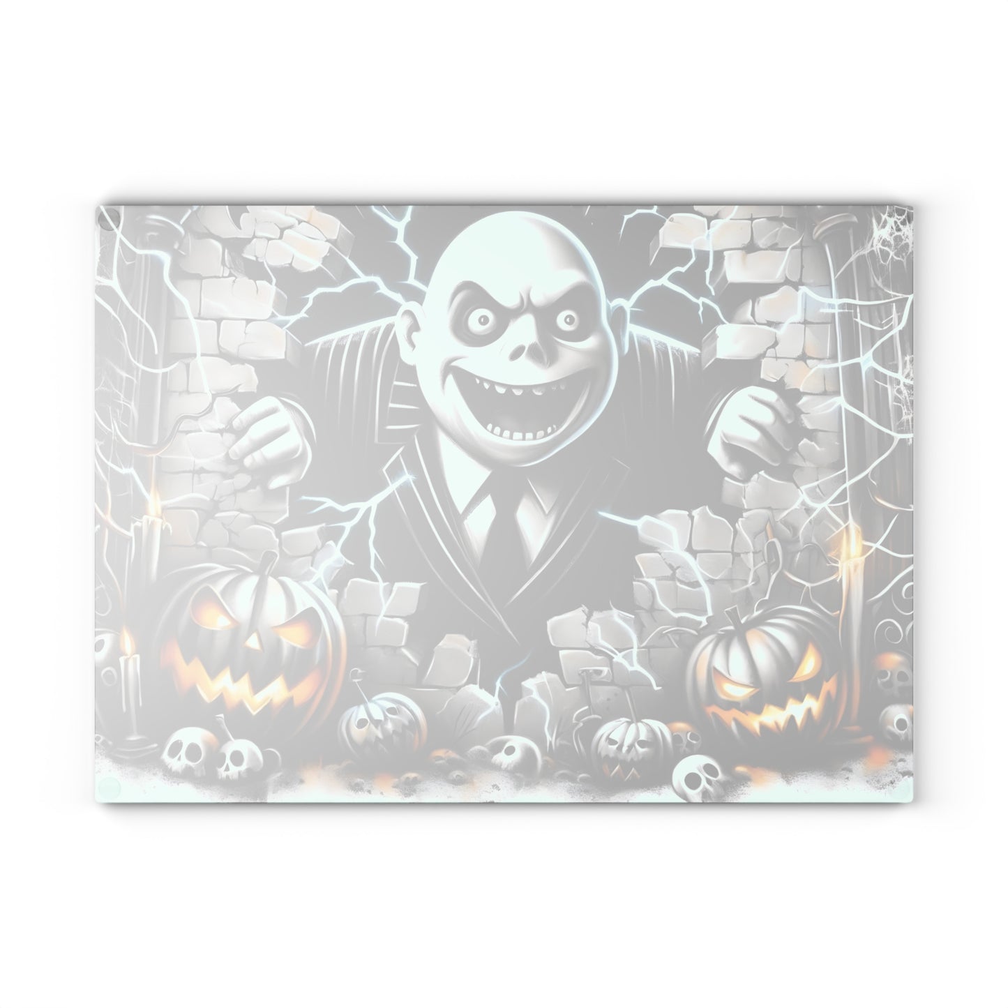 🎃 Haunting Brick Wall Villain Cutting Board – Electric Scare & Pumpkin Glow Kitchen Horror 💀⚡