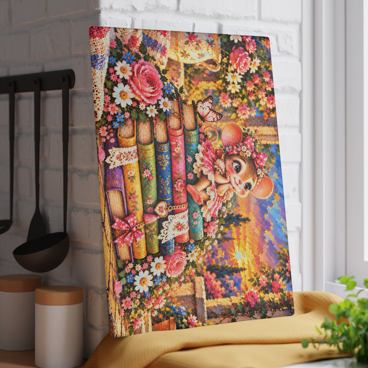 Adorable Mouse on Colorful Books Tempered Glass Cutting Board – Whimsical Floral Storybook Art – 11 × 15 Inches