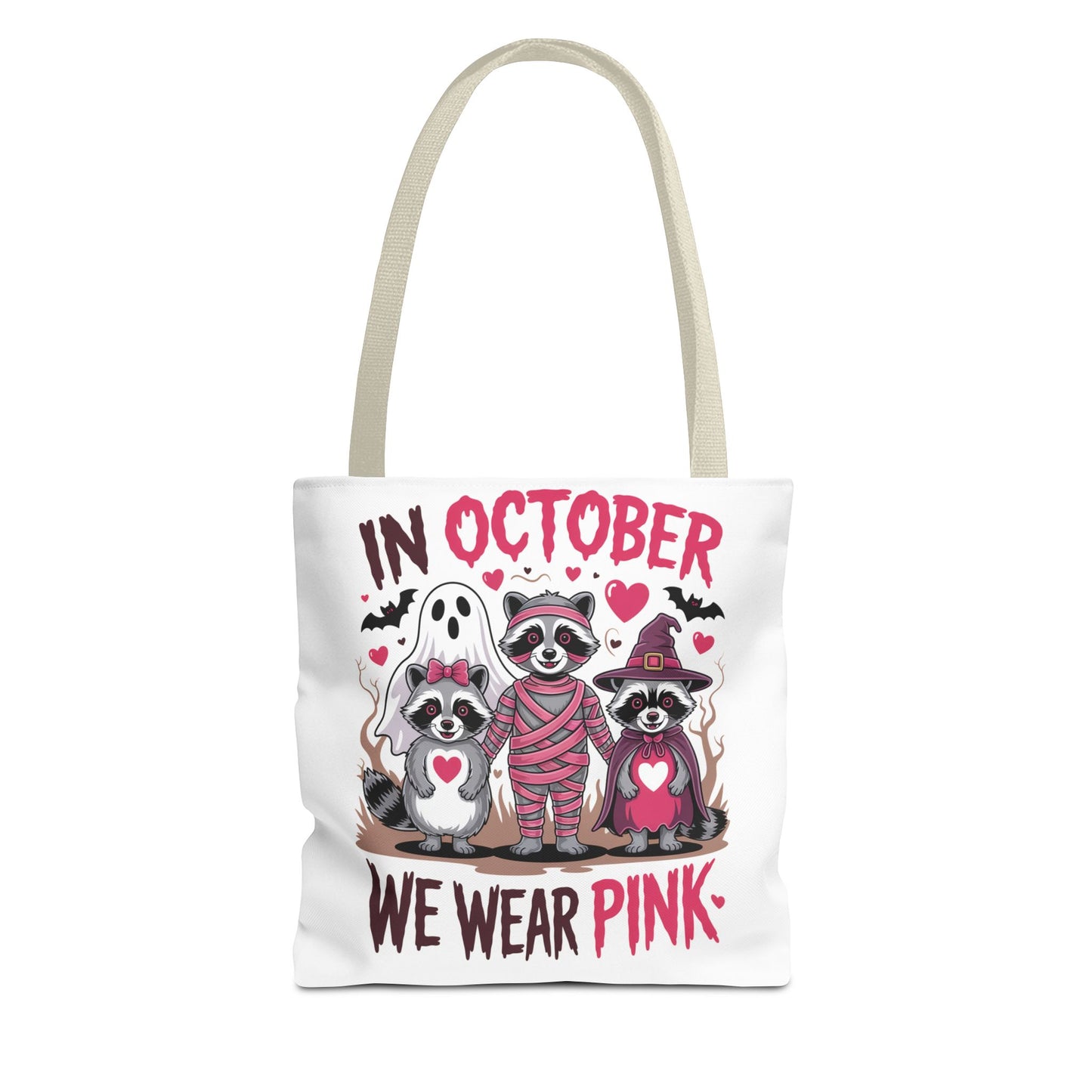 🎀 In October We Wear Pink Raccoon Halloween Tote Bag – Spooky Cute Awareness Style 🦝👜