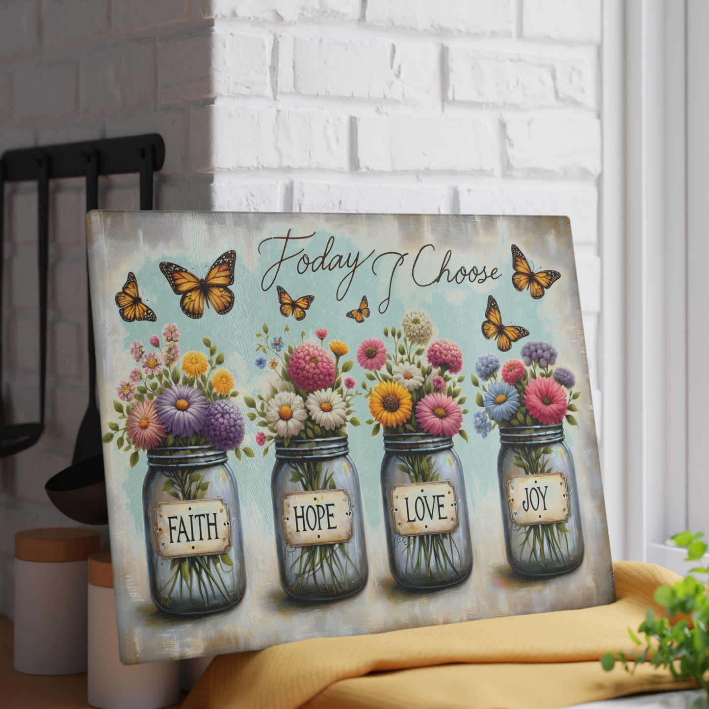 🌼 Hoy elijo – Tabla de cortar de fe, esperanza, amor y alegría – Decoración floral inspiradora para la cocina