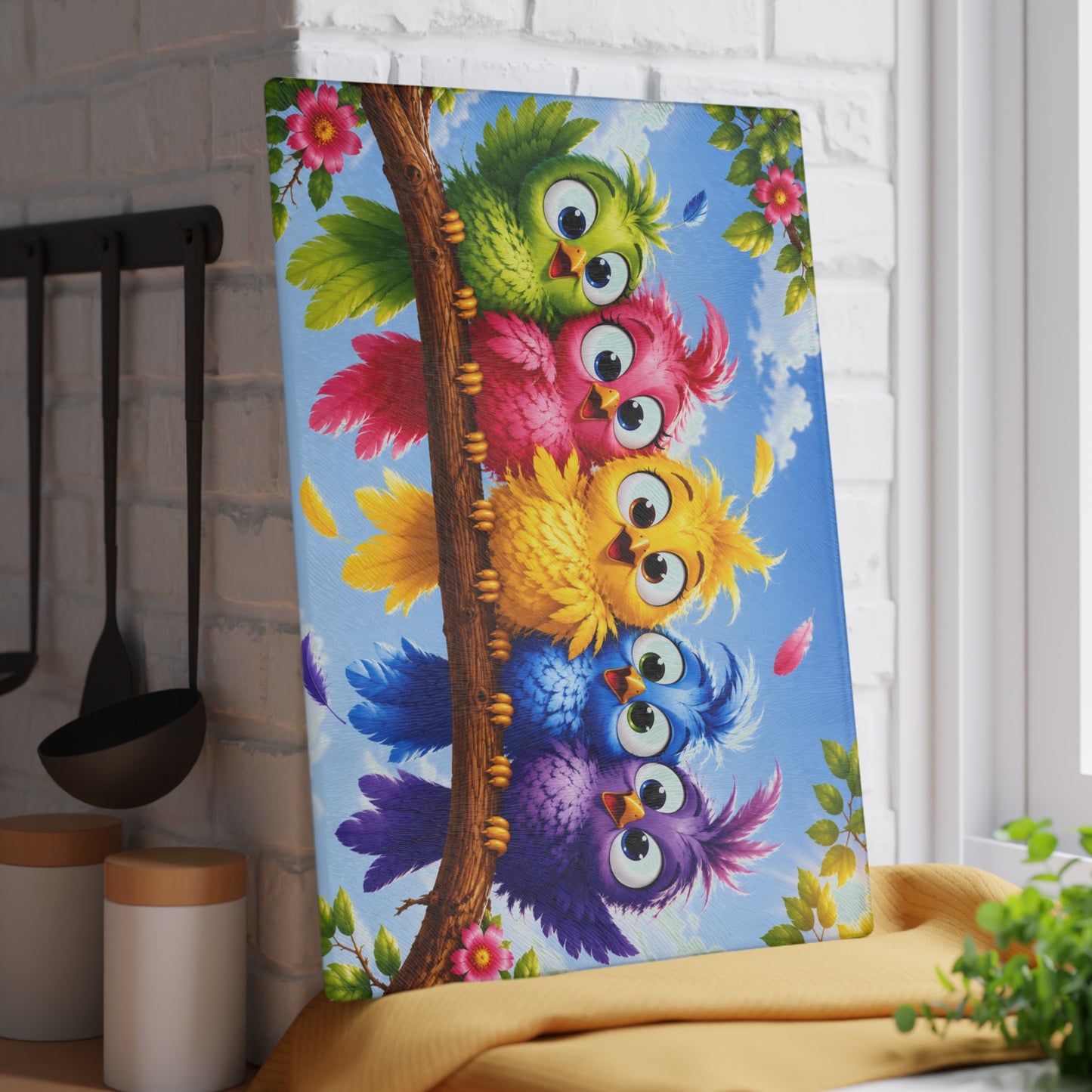 Colorful Baby Birds Glass Cutting Board – Whimsical Kitchen Decor with Cute Rainbow Bird Design