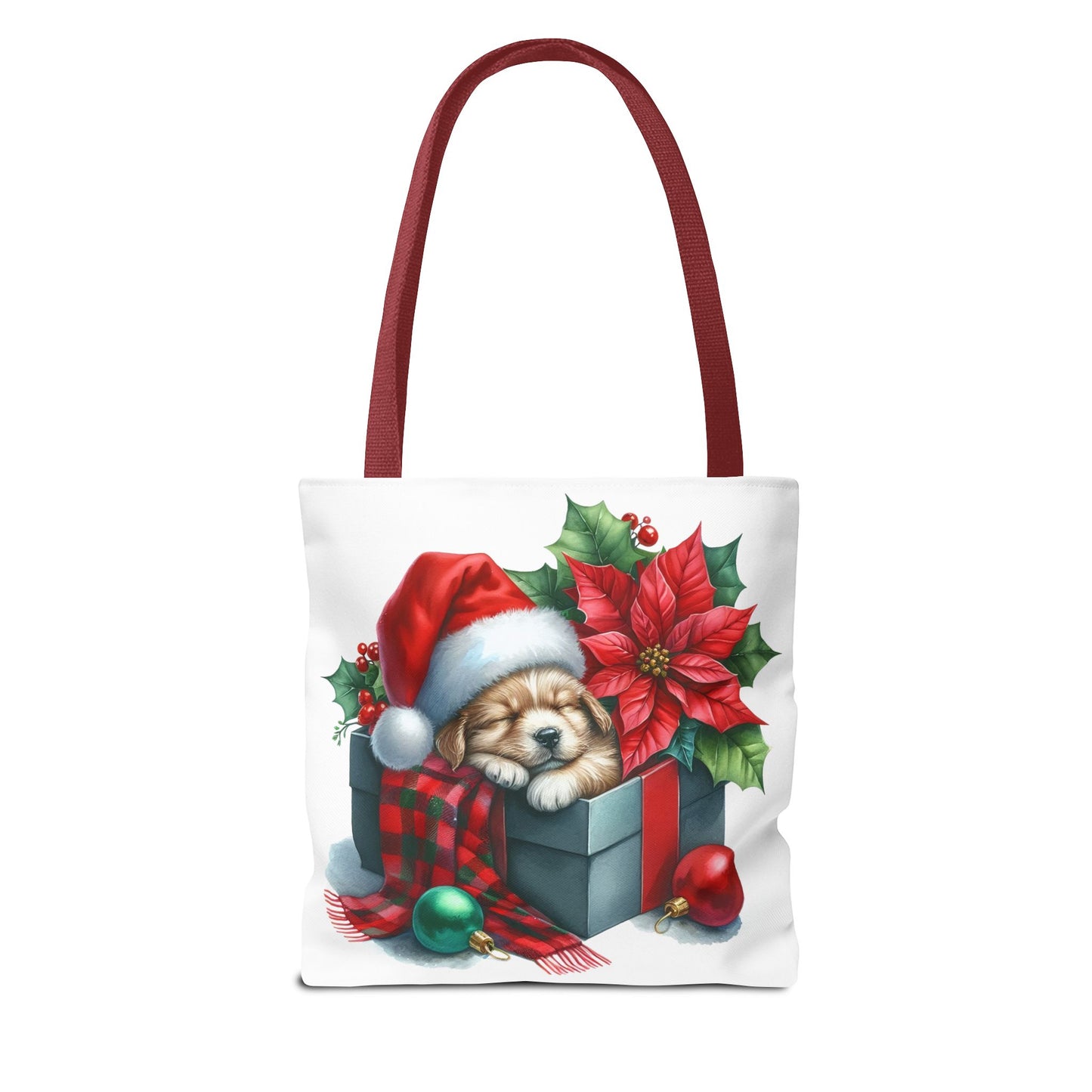 🎁 Sleeping Puppy in Gift Box Christmas Tote – Cozy Holiday Charm for Dog Lovers 🐾