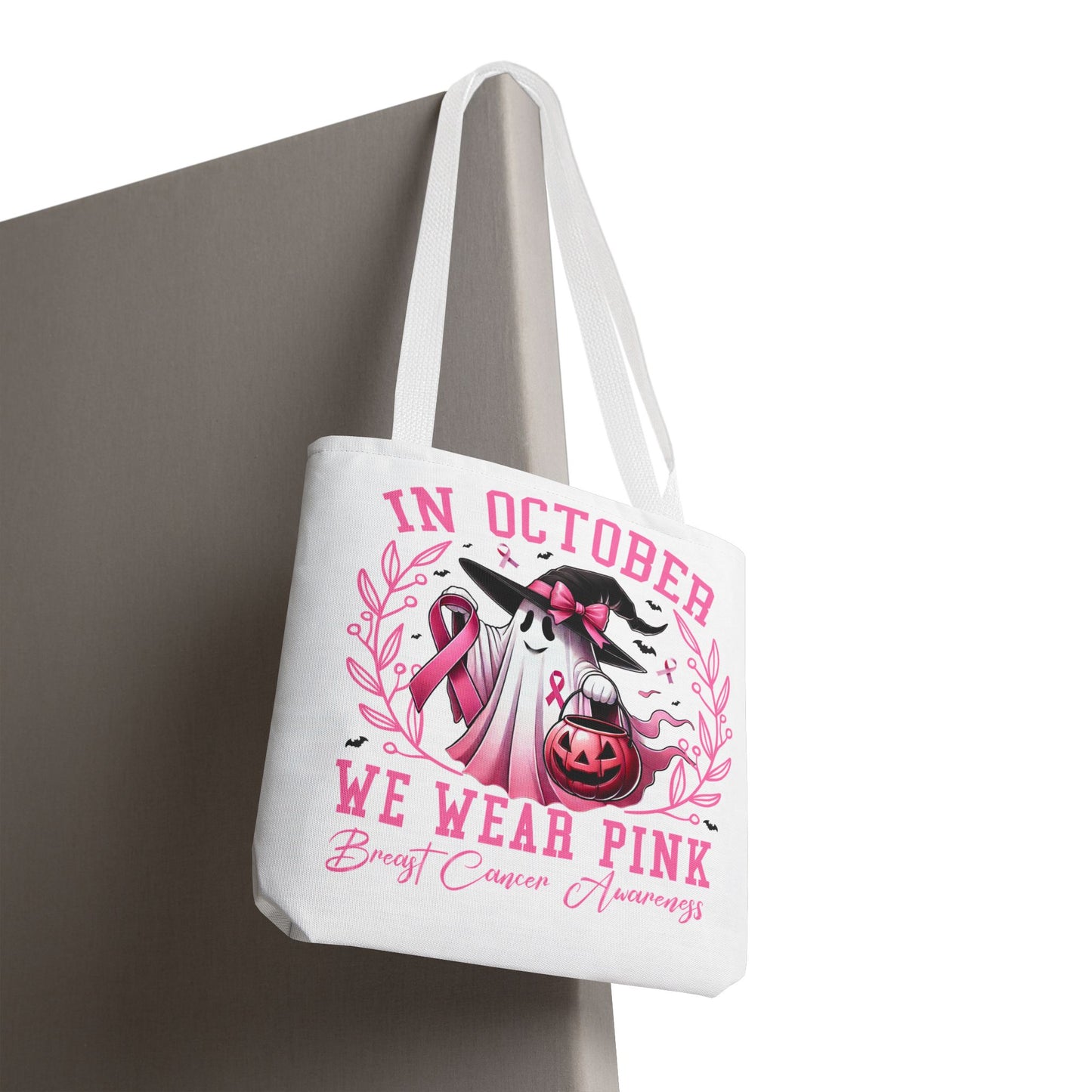 🎀 In October We Wear Pink Tote Bag – Breast Cancer Awareness with Spooky Charm 🎃