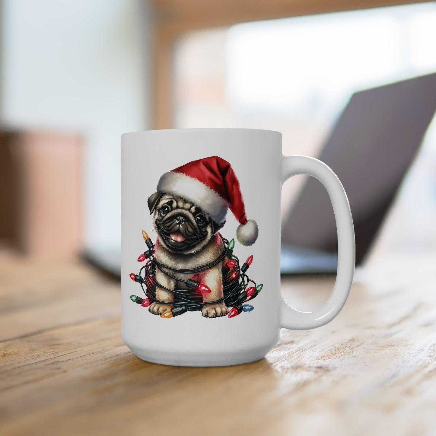 🎄 Pug Christmas Mug – Festive Santa Hat & Tangled Lights Delight 🎁