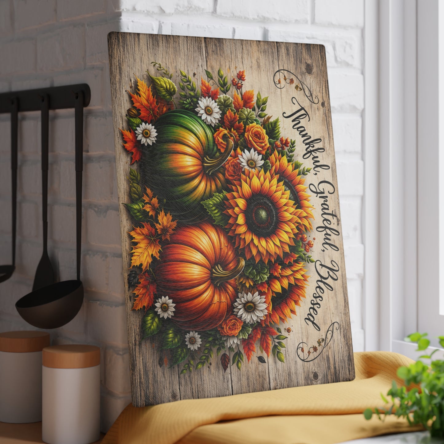 Thankful Grateful Blessed Sunflower & Pumpkin Glass Cutting Board – Fall Harvest Kitchen Decor