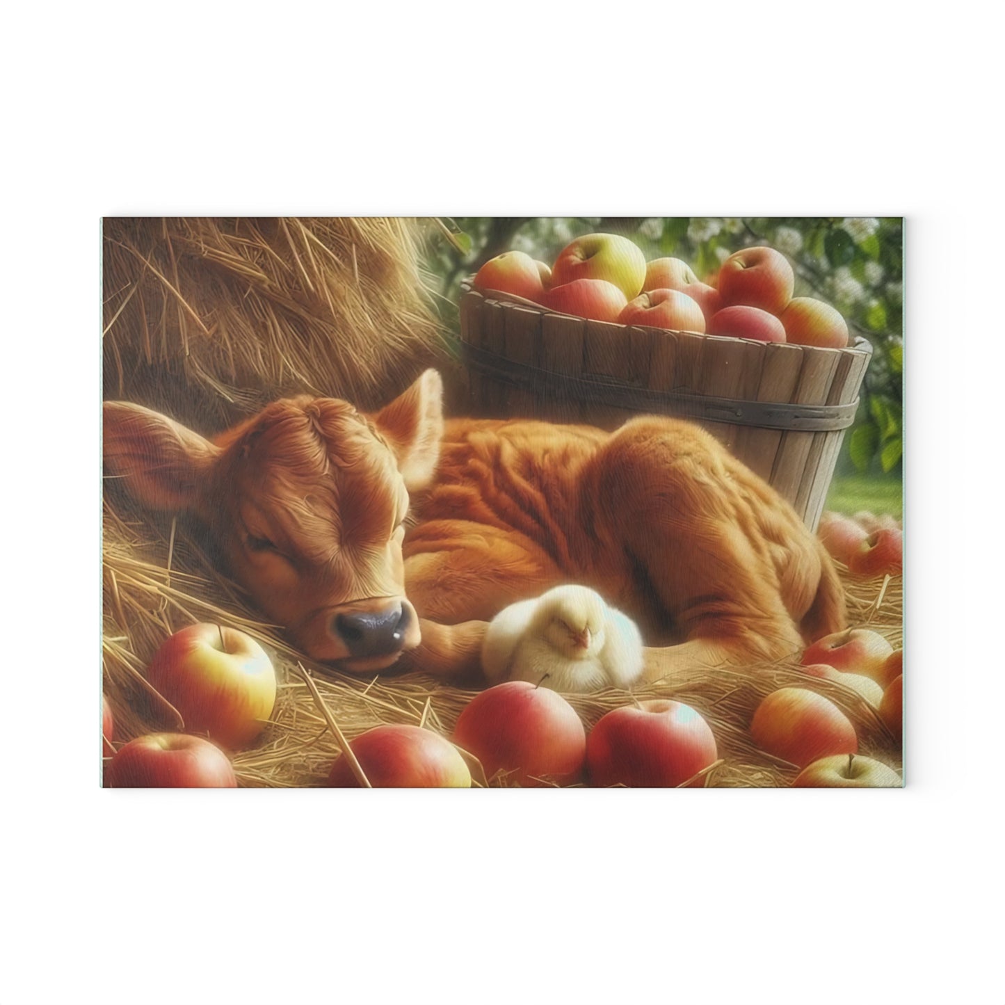 Tabla de cortar con diseño de vaca y pollito en heno con manzanas, regalo único, tabla de cortar de vidrio, tabla de charcutería, tabla de cortar personalizada