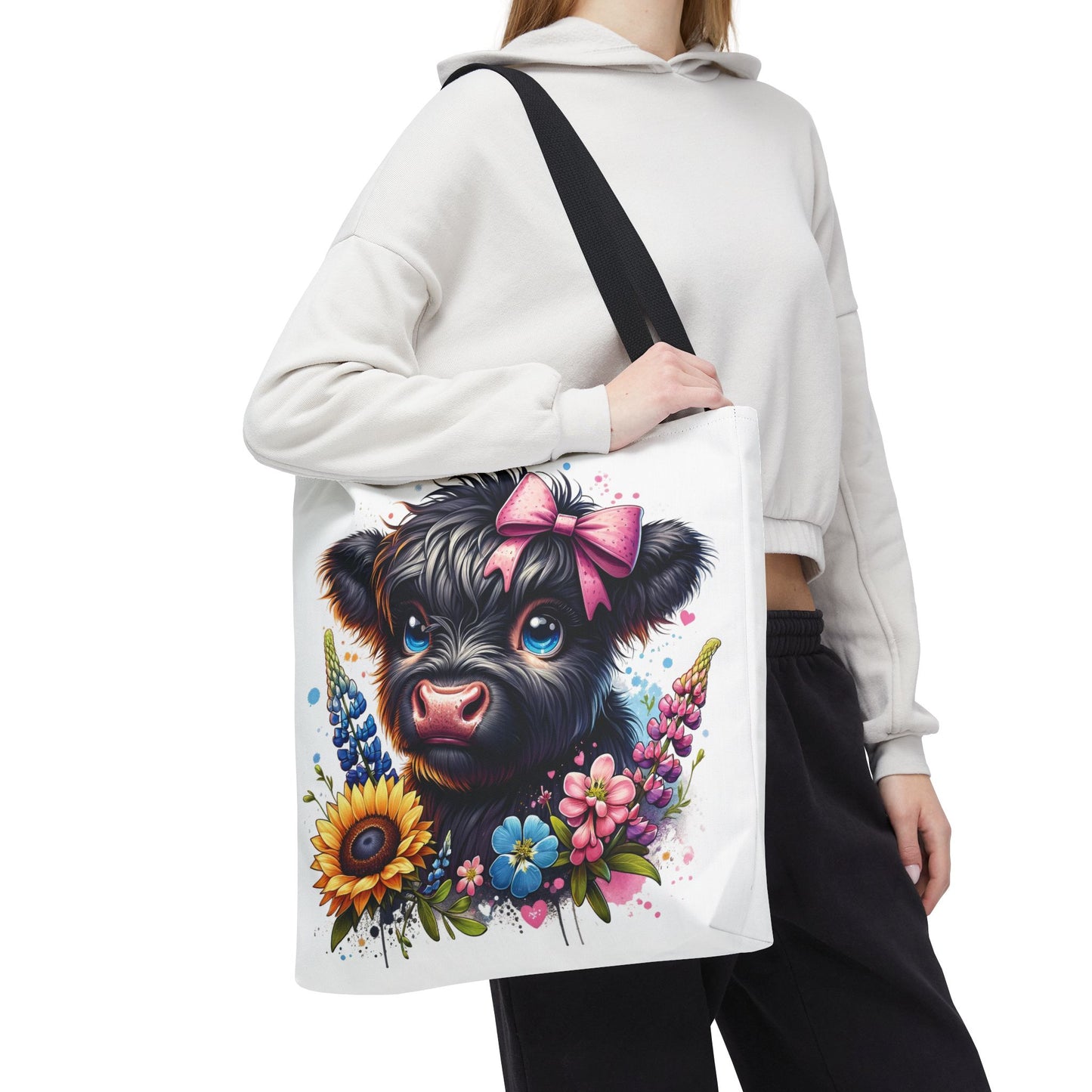🌸 Black Highland Calf Floral Tote Bag – Sweet Style for Every Age 🐮👜