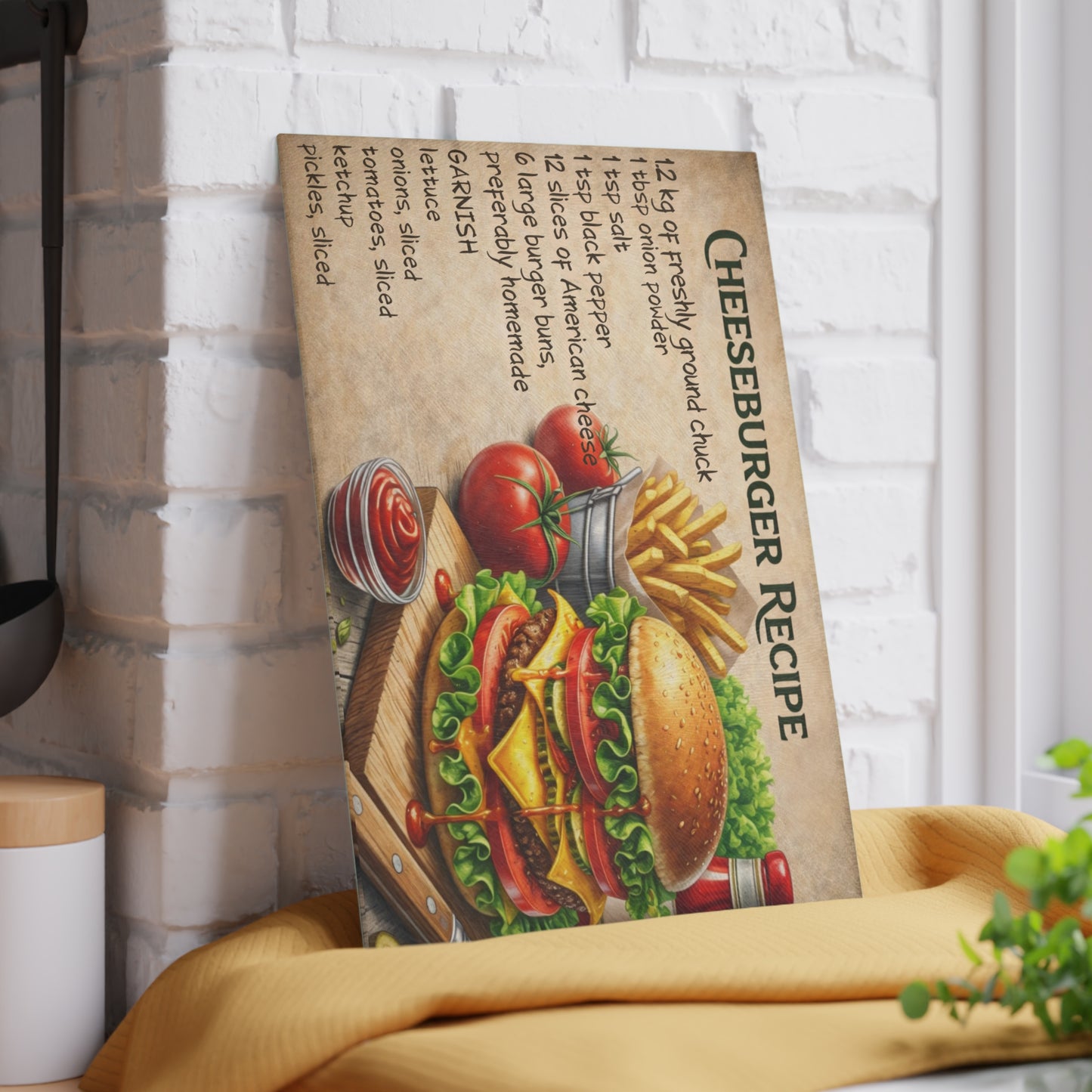 Cheeseburger Recipe Glass Cutting Board – Classic Burger Kitchen Art