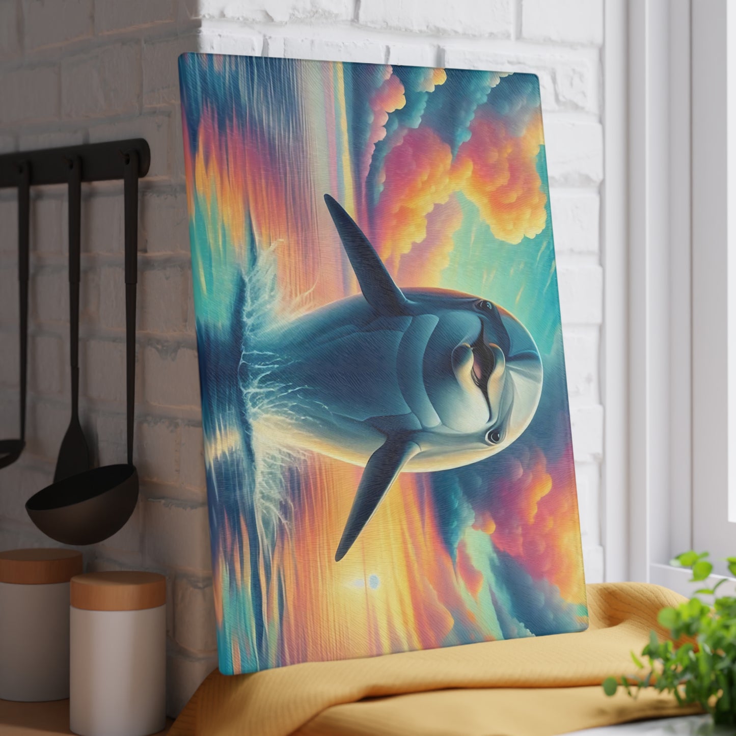 Happy Dolphin & Rainbow-Colored Clouds Glass Cutting Board – Whimsical Ocean Kitchen Art