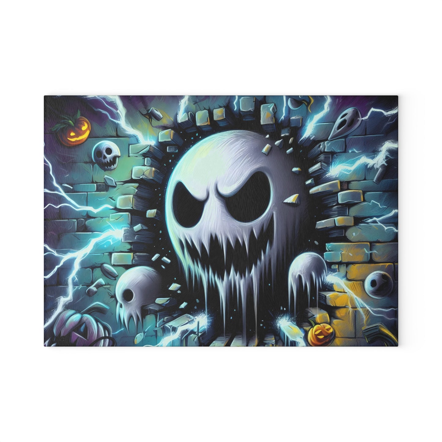 👻 Electric Ghost Face Cutting Board – Haunting Halloween Style with Skulls, Lightning & Bricks ⚡🎃