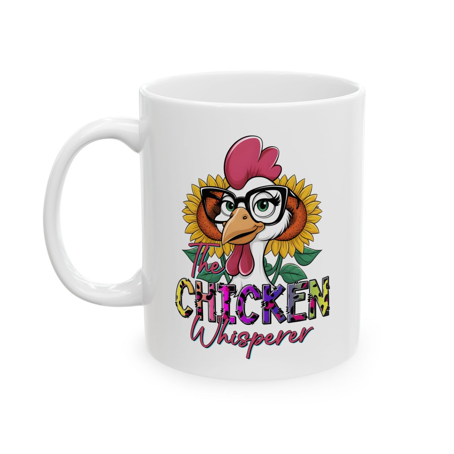 Taza de El Susurrador de Pollos: Estilo rústico divertido con girasoles