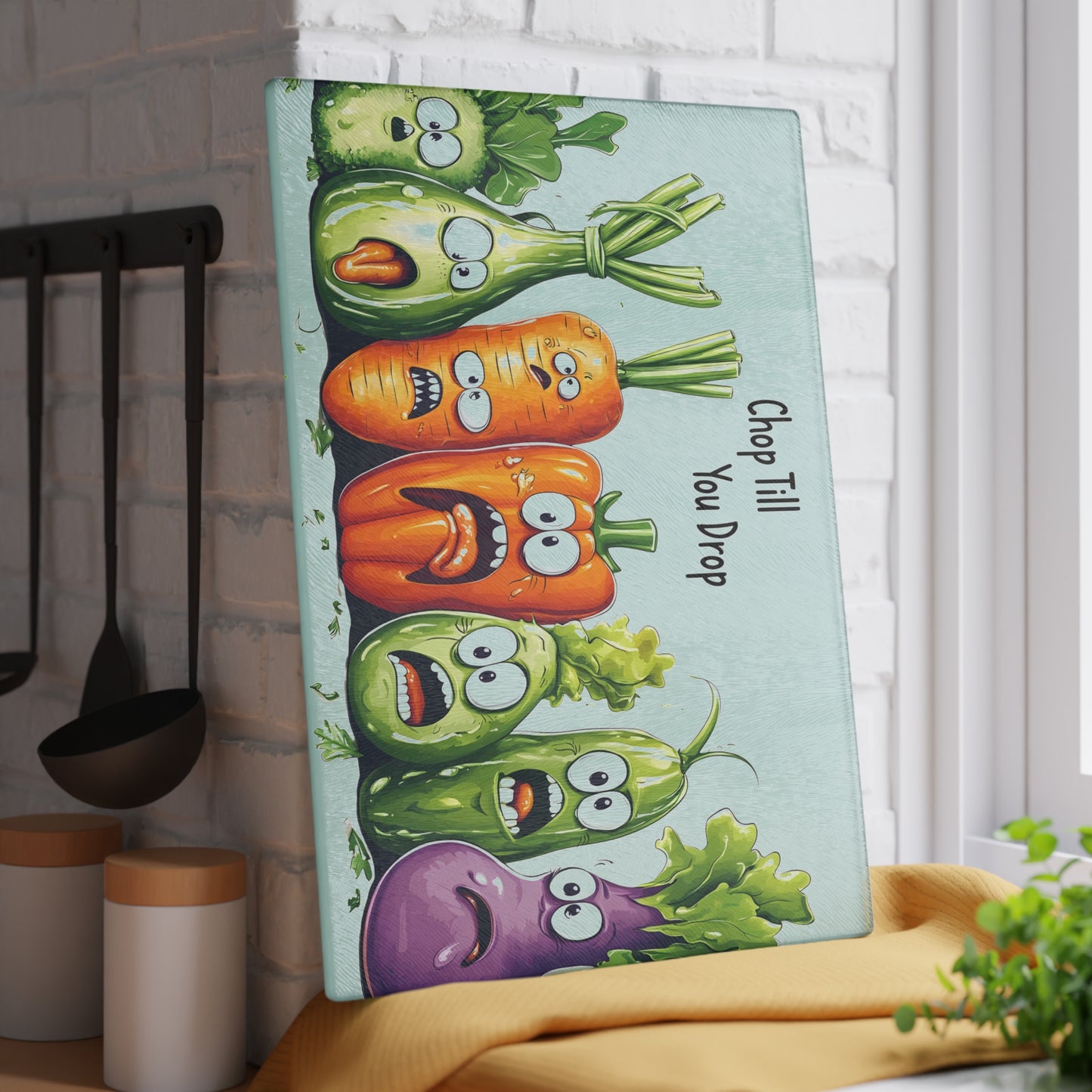 Tabla de cortar de vidrio “Chop Till You Drop” – Verduras que gritan y humor negro de cocina 😱🍅