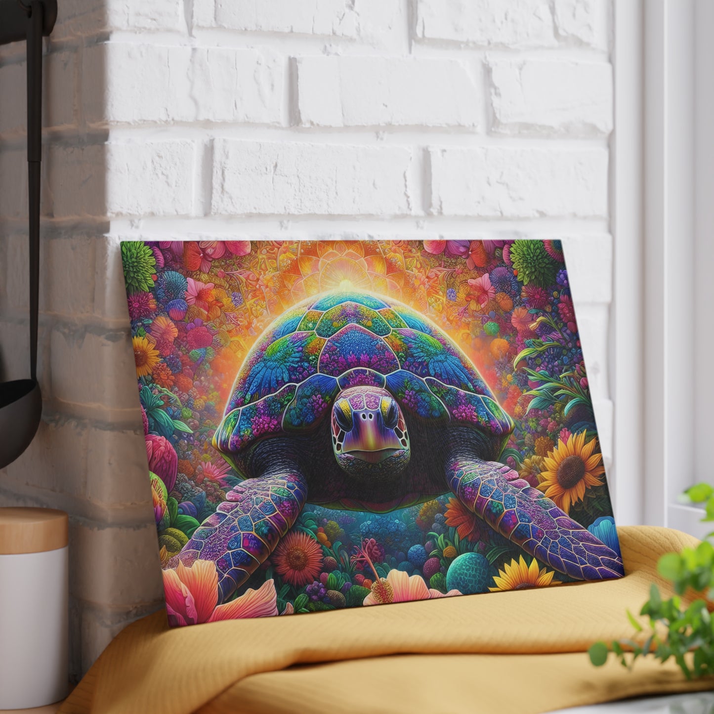 Tabla de cortar de tortuga con flores de neón: colores vibrantes, magia costera y flores artísticas