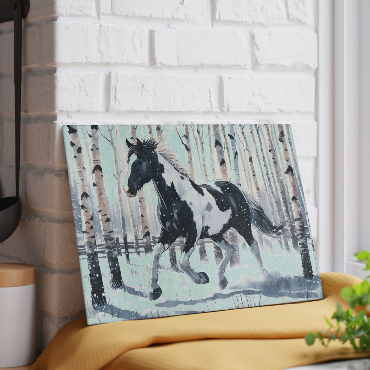 ❄️ Snowy Gallop Cutting Board – Majestic Horse in Birch Forest Winter Scene