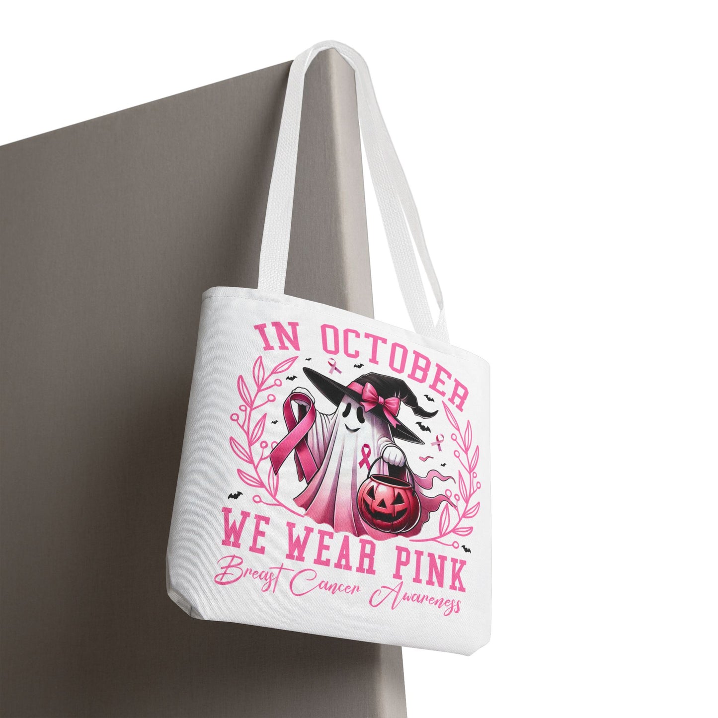 🎀 In October We Wear Pink Tote Bag – Breast Cancer Awareness with Spooky Charm 🎃