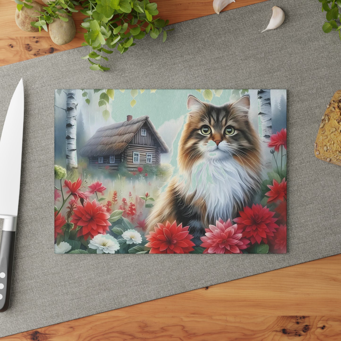 🌸 Garden Kitten Cutting Board – Fluffy Charm & Cottage Florals for Your Kitchen 🐾🌼