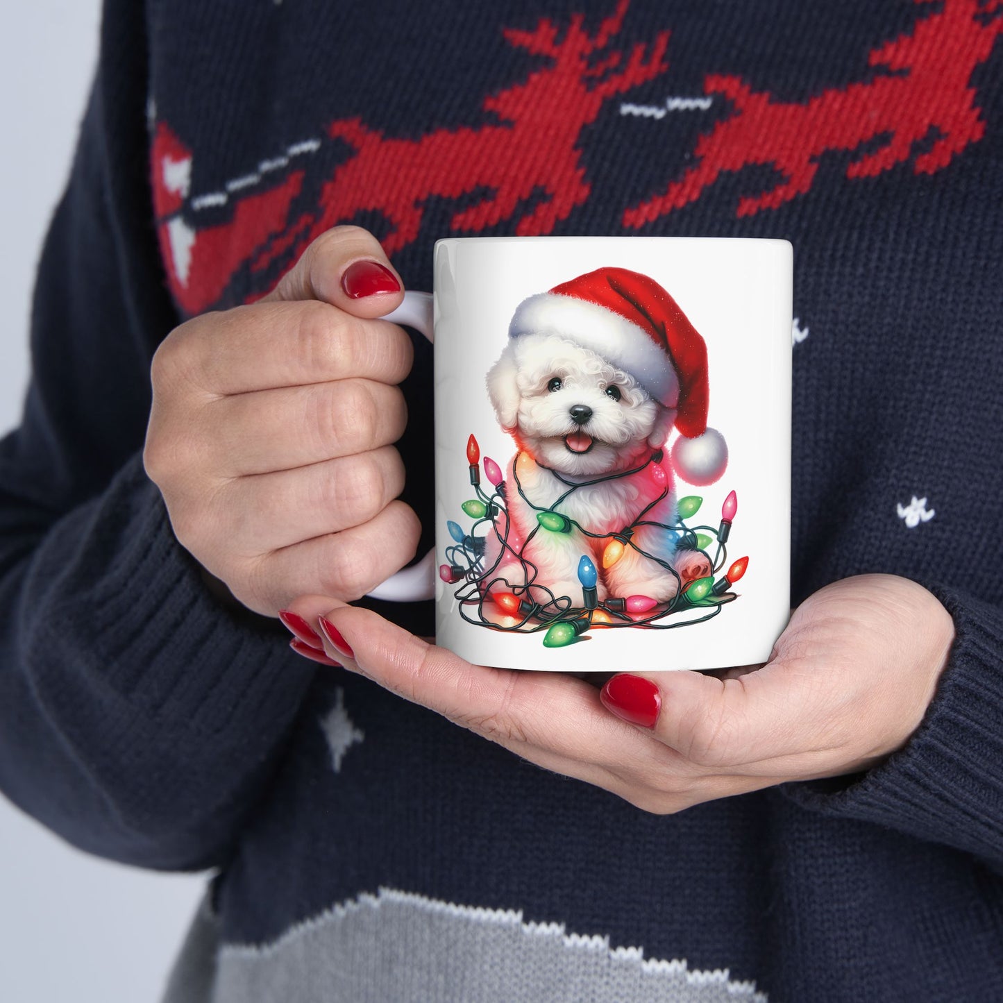 🎄 Bichon Frise Christmas Lights Mug – Holiday Cheer with a Fluffy Twist ☕