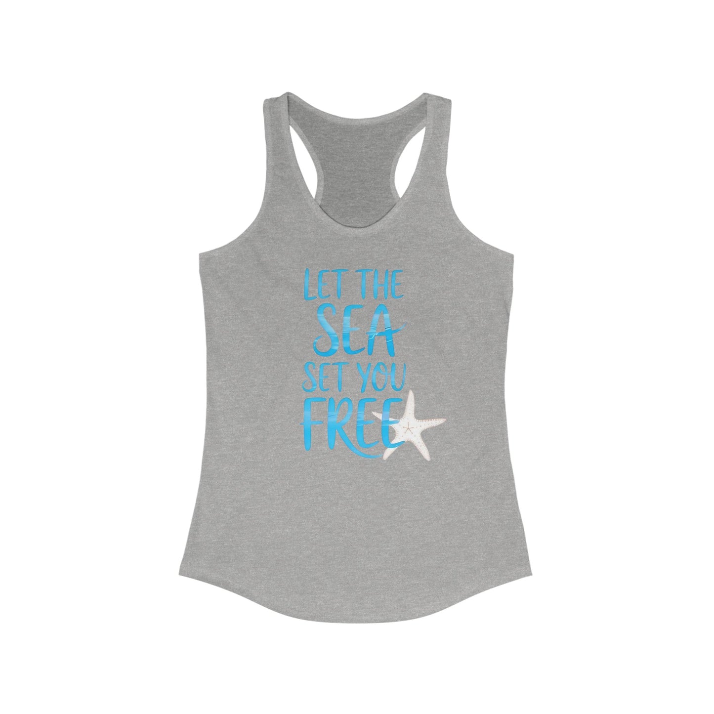 Camiseta de tirantes con espalda nadadora "Deja que el mar te libere" - Gráfico playero de estrellas de mar y conchas | Camiseta de tirantes costera para mujer