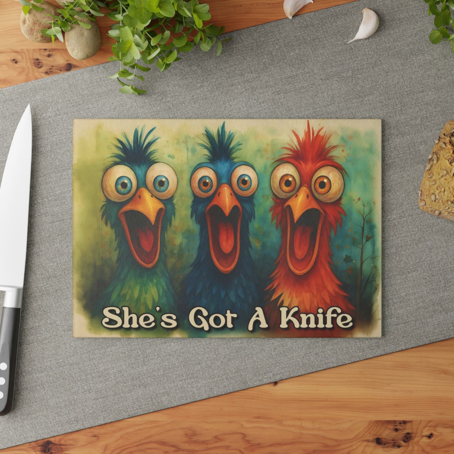 🐔✨ “Cozy Kitchen Birds” Glass Cutting Board – Warm Charm for Everyday Cooking