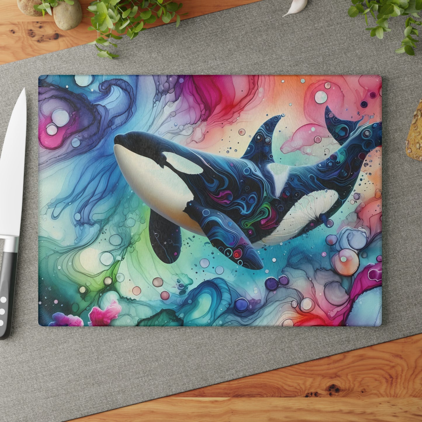 Tabla de cortar de vidrio con orca en acuarela: arte oceánico audaz para cocinas artísticas