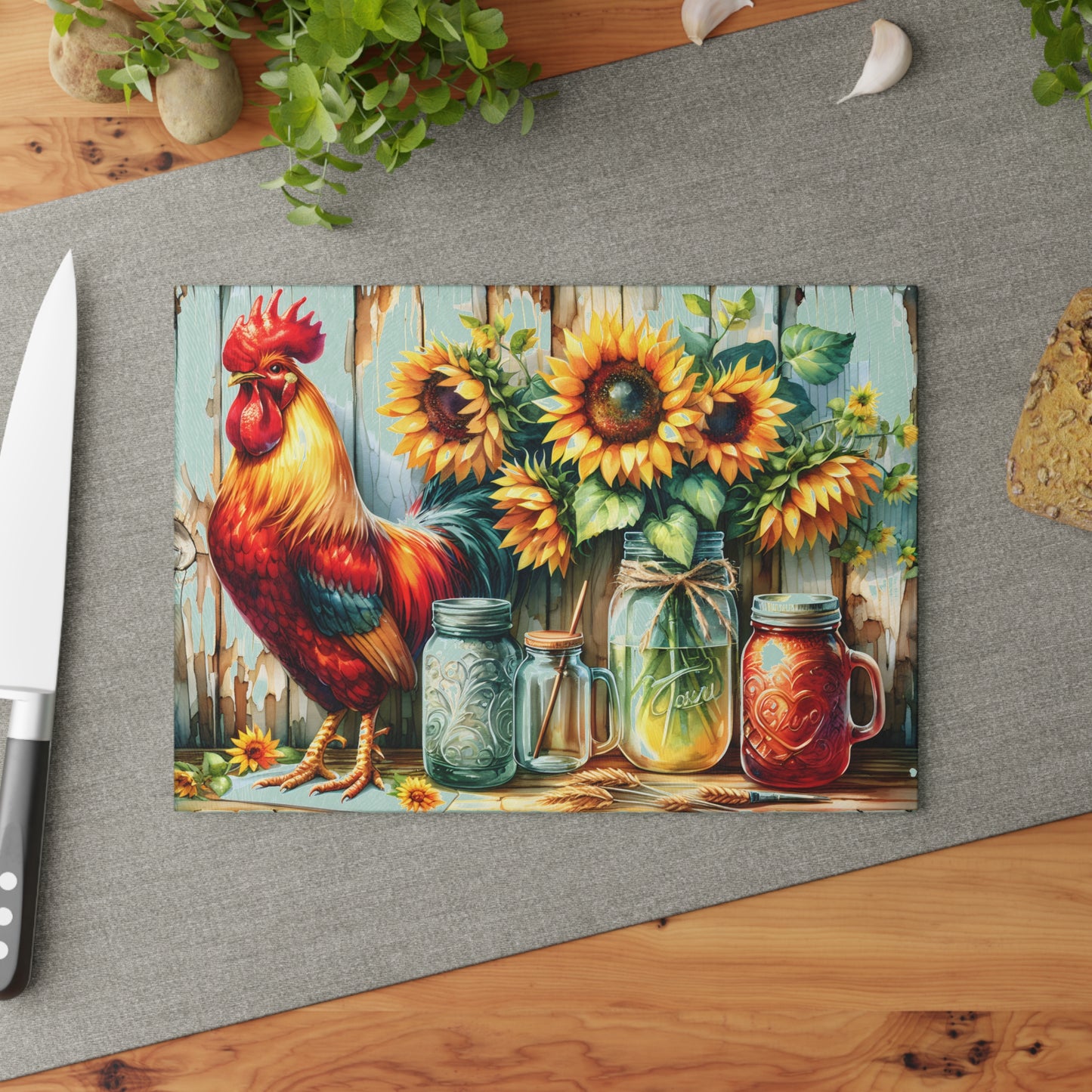 🐓 Rustic Rooster & Sunflowers Cutting Board – Farmhouse Mason Jar Kitchen Art