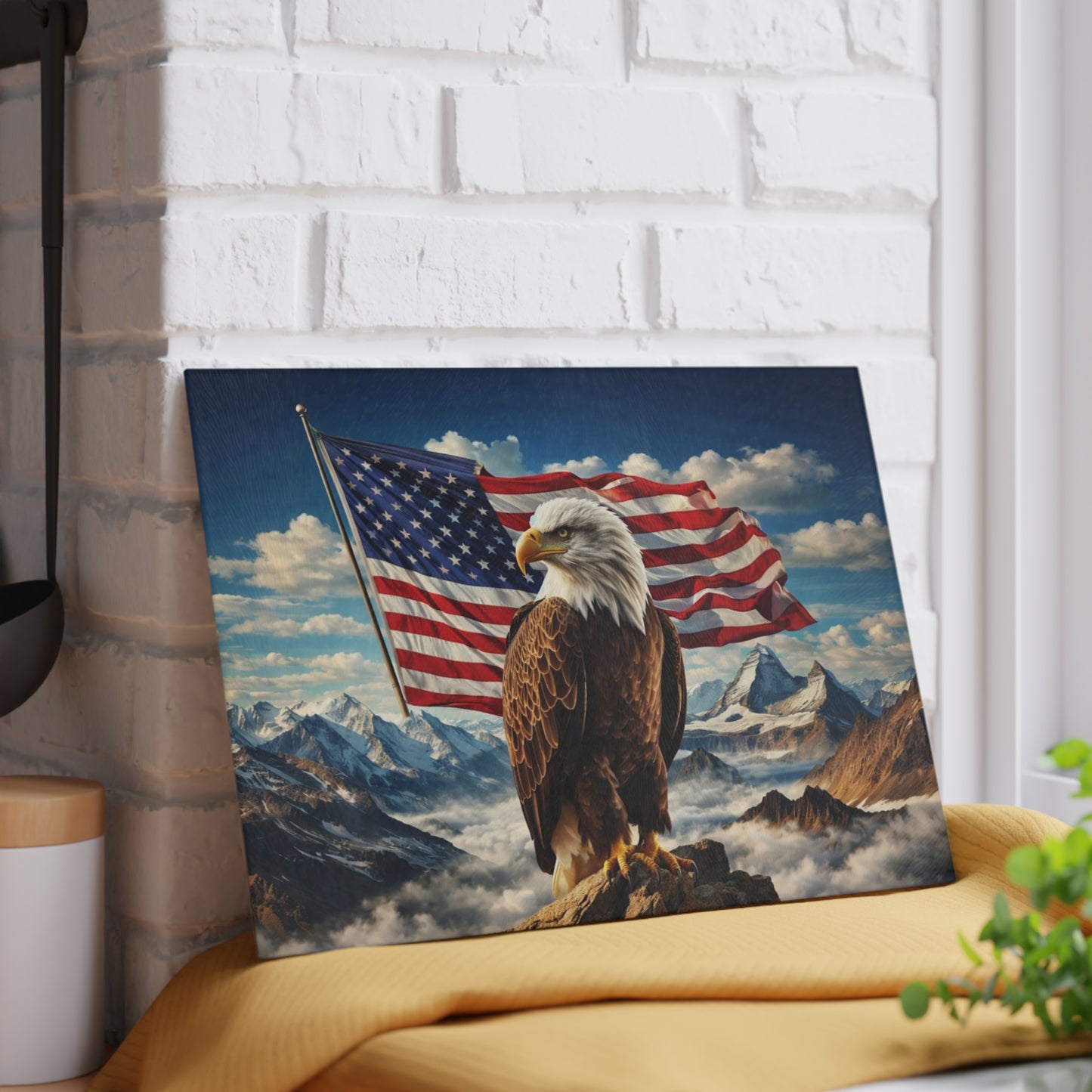 Majestic American Eagle Glass Cutting Board – Patriotic Mountain Landscape Kitchen Art & Display Board