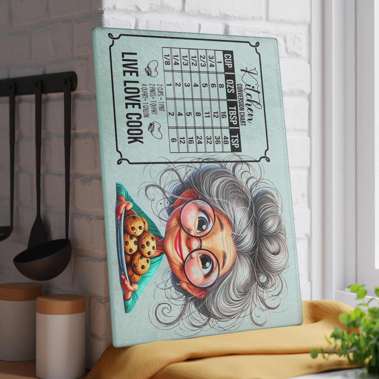Tabla de cortar para cocina "Vive, ama y cocina": diseño original de abuela y gráfico de galletas
